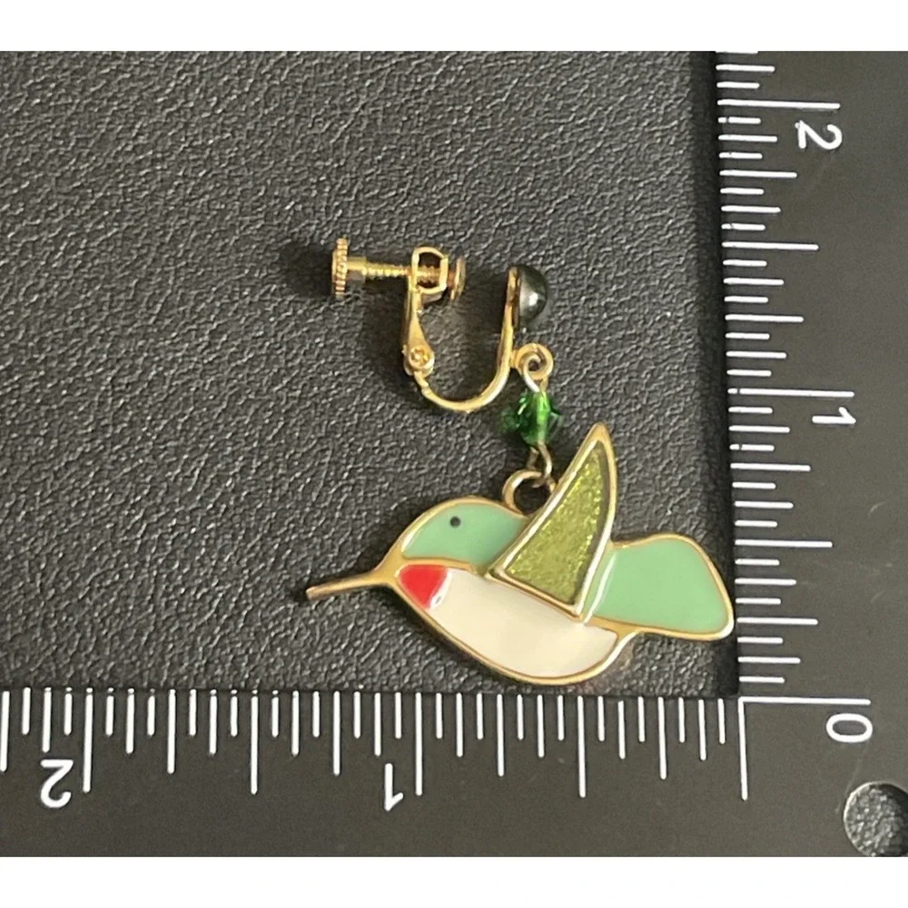 Enamel Hummingbird Dangle Earrings Screw Back Gold Tone Green Red Bird Jewelry - Picture 7 of 7
